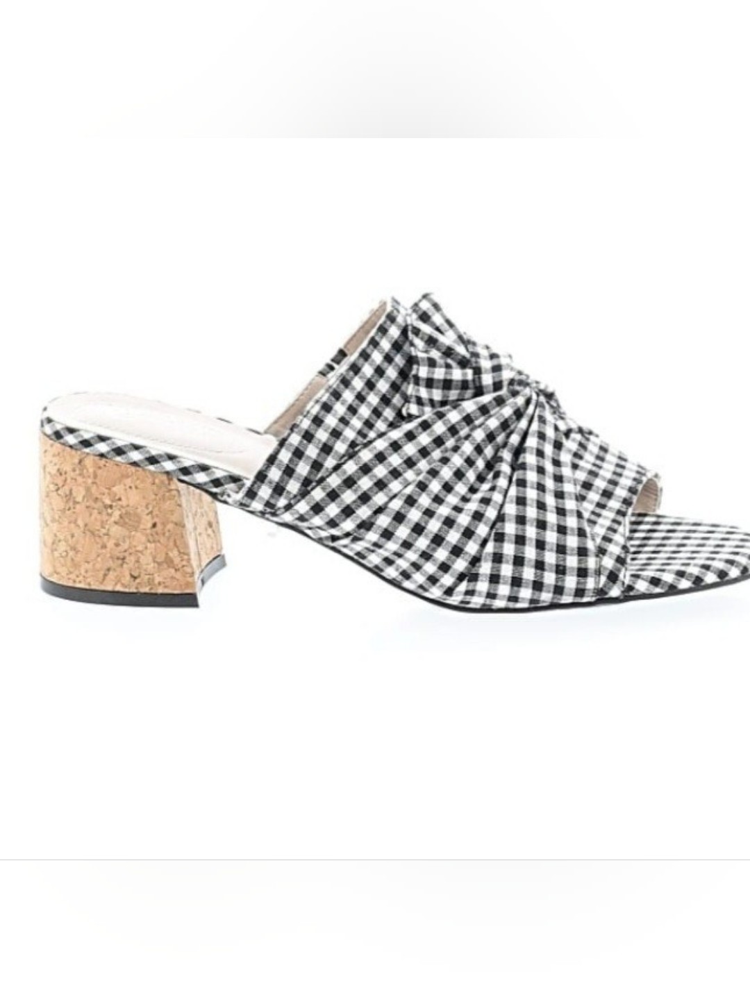 Ladies Black & White Gingham Knot Mule Sandals With Cork Block Heel, Size 10m
